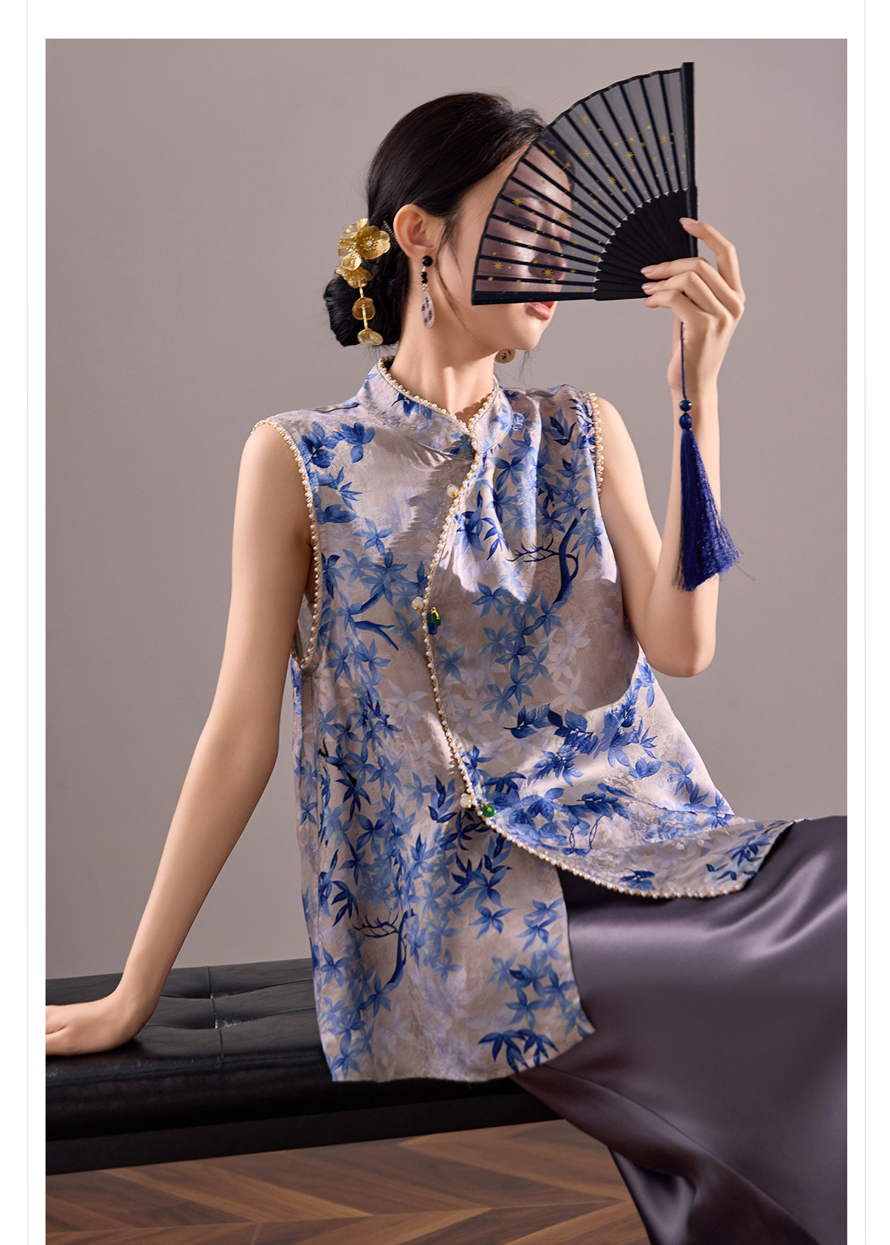 Áo vest gile nữ cổ đứng không tay phong cách cổ điển Trung Hoa, đính chuỗi hạt, mùa hè M8035 — màu xanh chi tiết 5