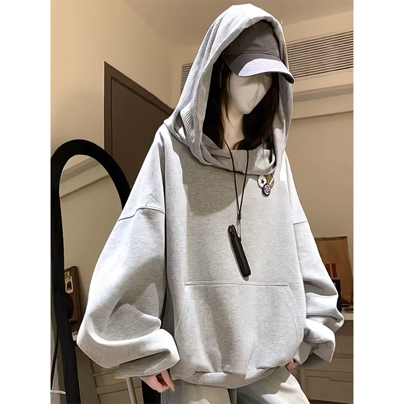 Gray Slanted Shoulder One-Line Collar Sweatshirt for Women in Autumn and Winter, Lazy Style, Loose, High-End, American Retro Mid-Length Hooded Jacket