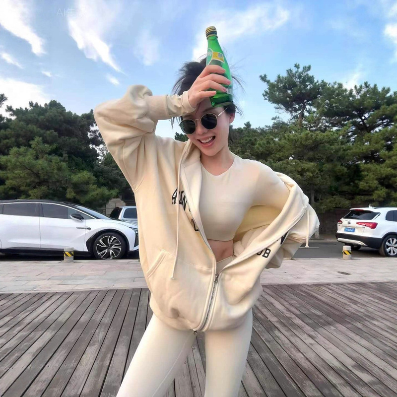 Alo Wqq American-Style Hooded Long-Sleeve High-End Casual Versatile Lazy Loose Sweatshirt Slimming Zipper Jacket for Women