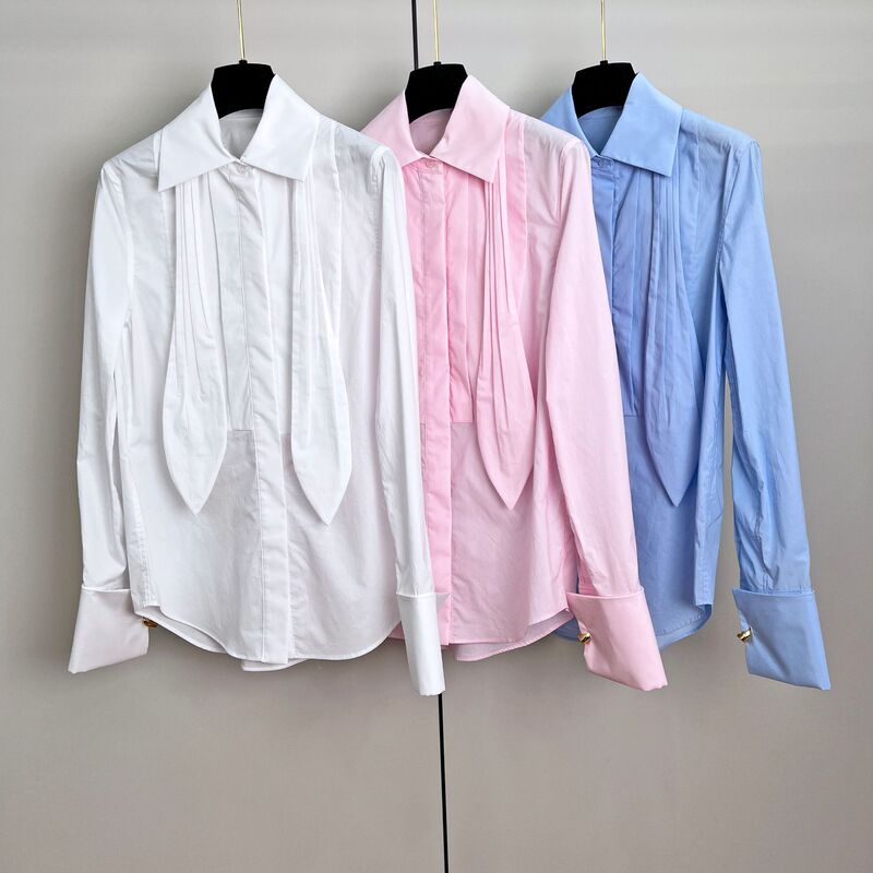 New Shenzhen Nanyou High-end Women's Ribbon Bow Tie Shirt Elegant Business Pleated Gold Button Long Sleeve Shirt