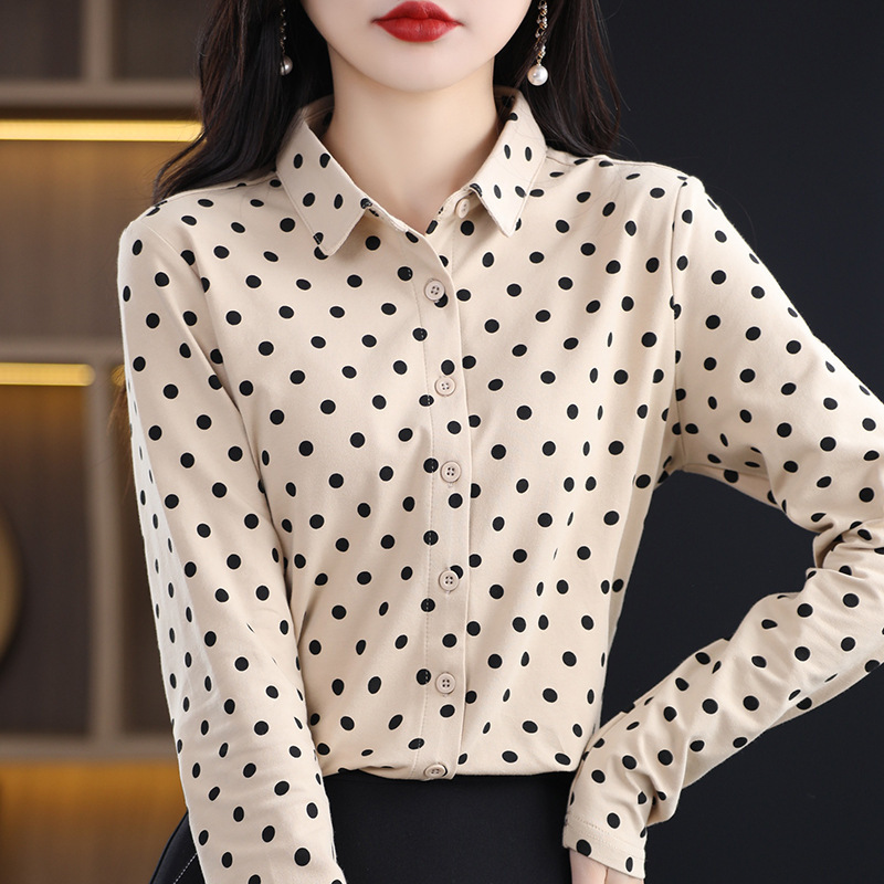 Spring and Autumn new pure cotton shirt women's POLO collar polka dot age-reducing Western style shirt versatile slimming bottoming shirt fashionable top