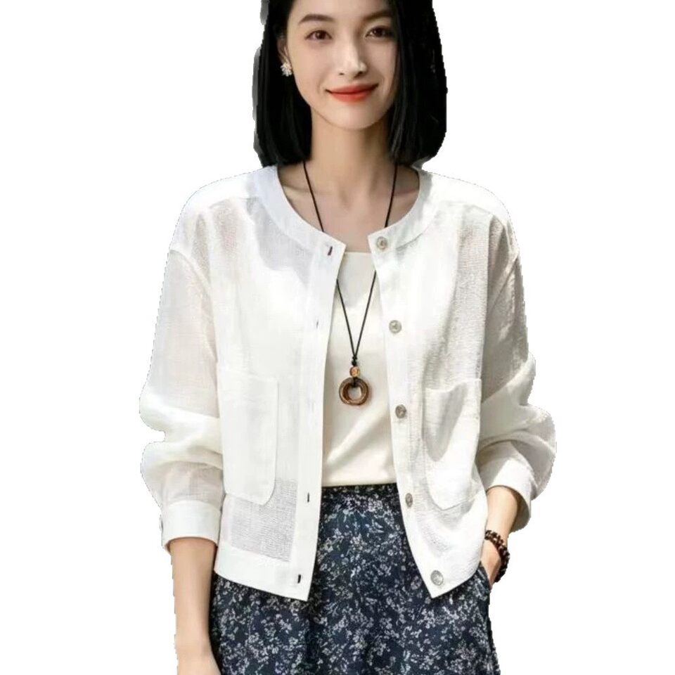 Áo khoác nữ ngắn cổ tròn dáng rộng nhẹ thoáng phong cách công sở — Áo khoác màu lanh nguyên bản (chất lượng cao), Áo khoác trắng (chất lượng cao)