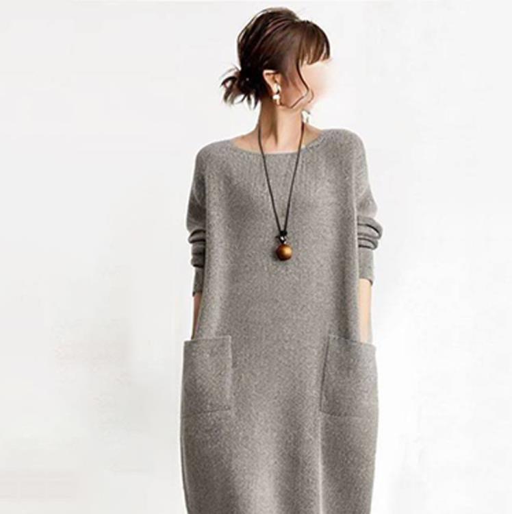 現物日系2025春の新型純色丸首ニット大ポケットワンピース女性
