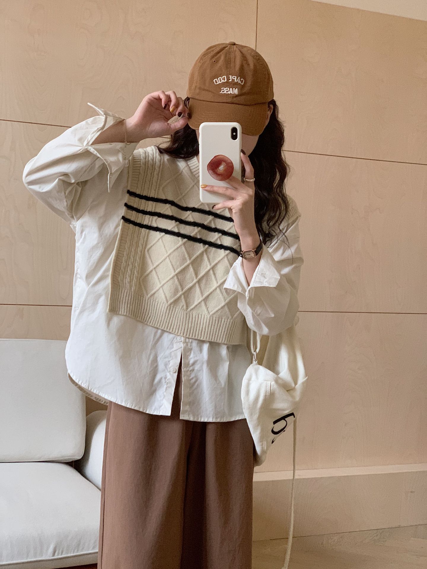 圆领麻花条纹马甲拼接寸衫假两件 2023秋季韩版宽松针织外套上衣