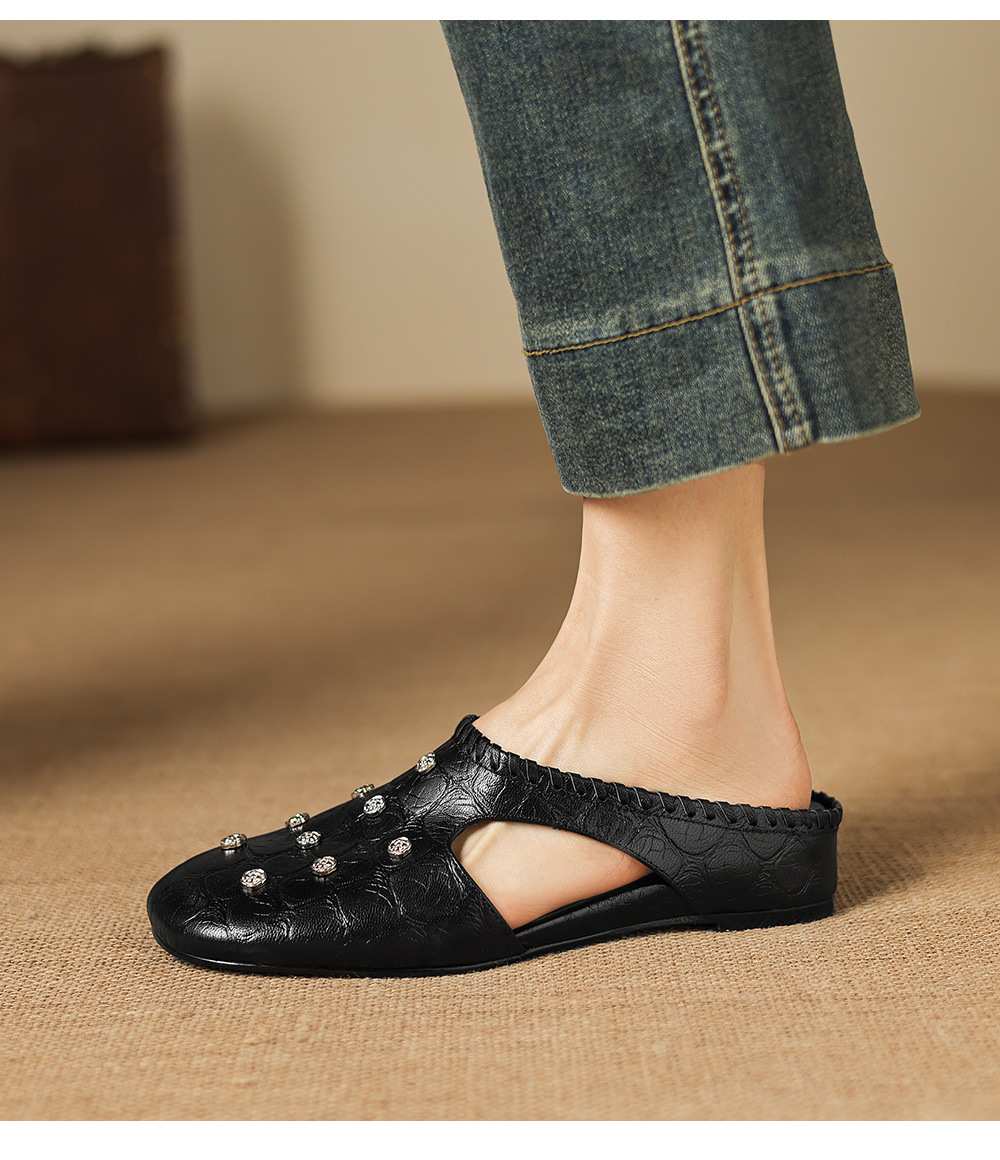 Sandal nữ hở mũi gót thấp da cừu vân đá, hoa đính mũi — đen chi tiết 15