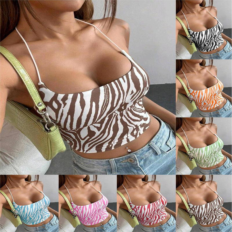 Amazon 2024 Summer New Women's Zebra Stripe Printed Back Lace Short Camisole Top