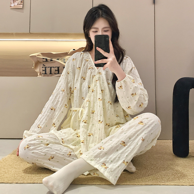 Chuxi 여름 얇은 임산부 잠옷 클라우드 코튼 출산 의류 기모노 레이스 업 산후 수유 의류