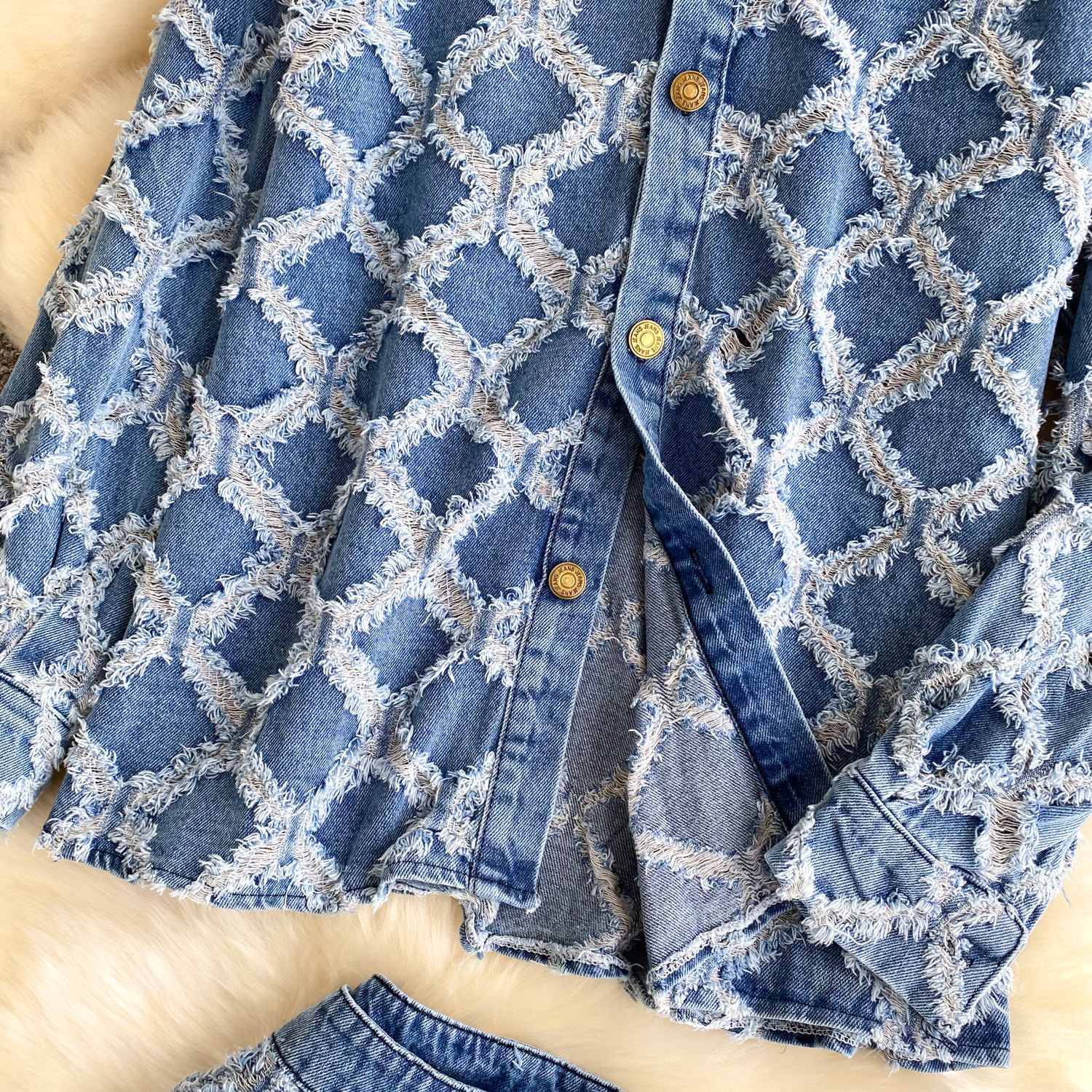 Women's Denim Shirt And Shorts Set Diamond Pattern Frayed Edge_voghion.com