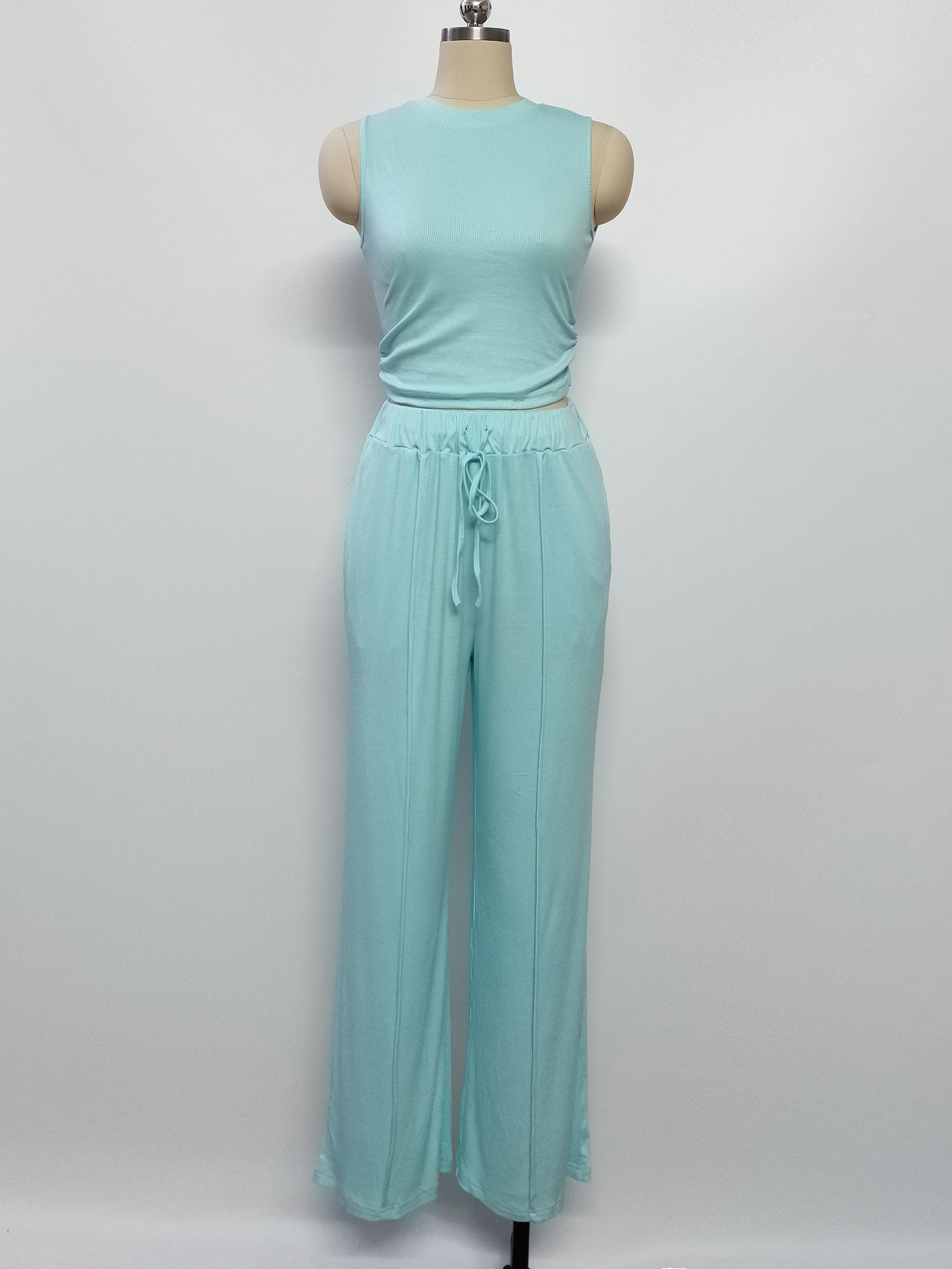 Women's Clothing Summer Leisure Suit Sleeveless Round Neck Short Slim Fit Top Wide Leg Pants Two Piece Suit_ecoleips.com