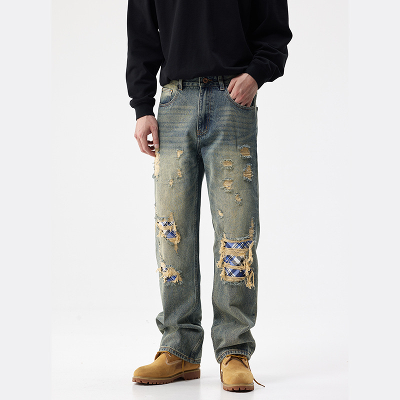 American Retro Ripped Patch Jeans for Men, Loose Straight-Leg Autumn and Winter Style, Trendy Brand New Fashion Long Pants
