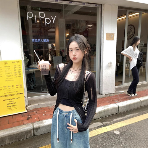 Pure Desire Style Lattice Hole Knit Cardigan for Women, Early Autumn Sexy Irregular Splicing Open-Front Short-Sleeve Top