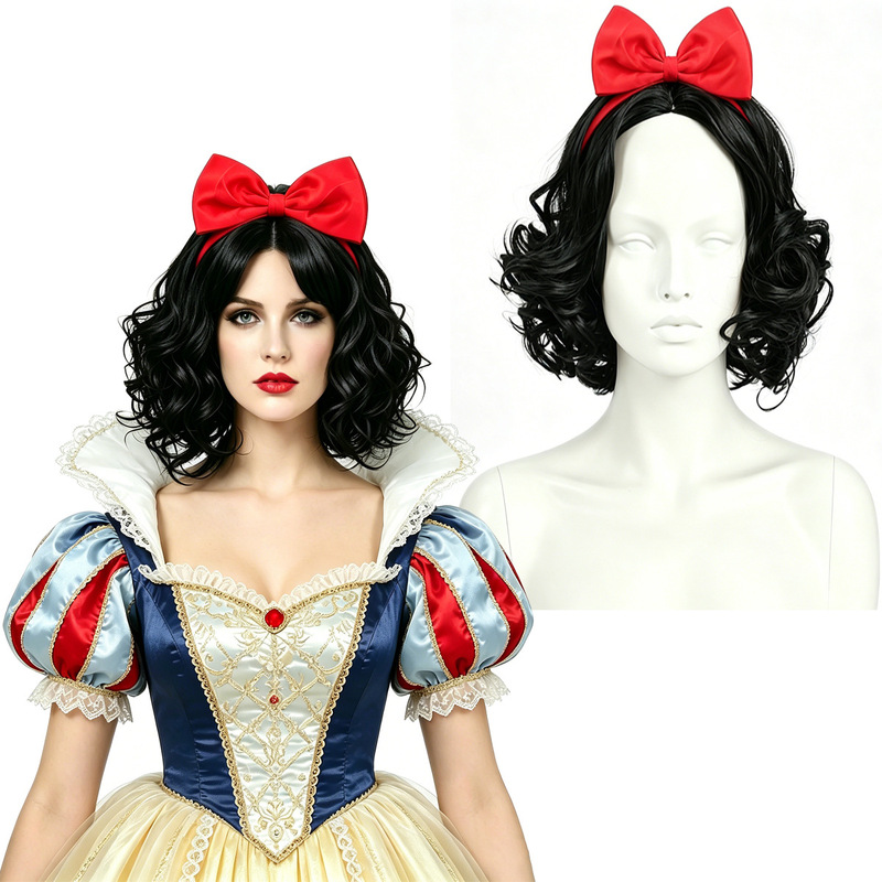 Cosplay Snow White Wig for Women, Black Short Curly Hair with Red Bow, Halloween Fairy Tale Character Costume Headpiece