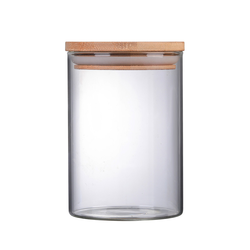 Directo de fábrica de alta vidrio de borosilicato sellado frasco botella vacía cubierta de bambú tarro de té tarro de almacenamiento de vidrio transparente