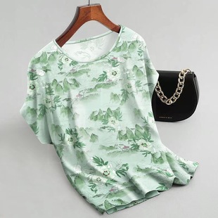 Cross-border Foreign Trade 2025 Summer New Ice Silk Printed T-shirt Loose Top plus size Women's Mother's Base Shirt