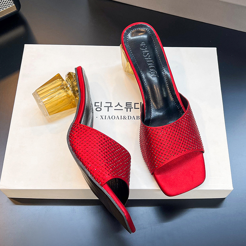 25 New High-end Perfume Square-toed Slippers, Feminine And Fashionable Rhinestone High-heeled Slippers For Women,_vogvips.com