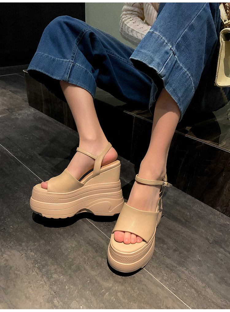 Sandal nữ đế dày da bò cao gót 14 cm phong cách La Mã — màu đen, màu trắng, màu mơ chi tiết 11