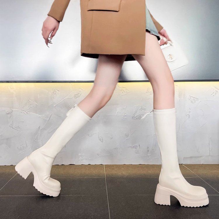高跟白色长筒靴女2025秋新款不过膝瘦瘦靴小个子厚底靴内增高长靴|undefined