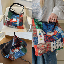 2025小众复古撞色帆布包新款民族风单肩包大容量正反两用托特女包