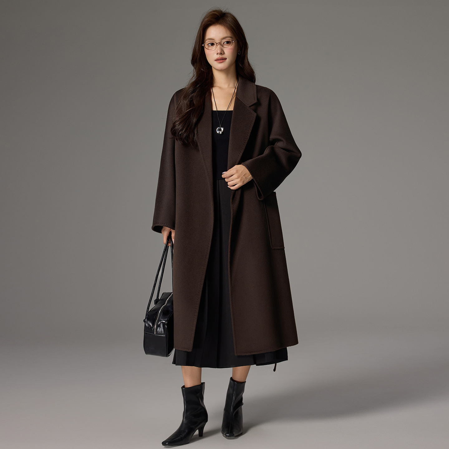 Autumn and Winter New Double-Sided Cashmere Woolen Outwear Women's Mid-Length Lace-Up Elegant Bathrobe Style Wool Outwear Jacket