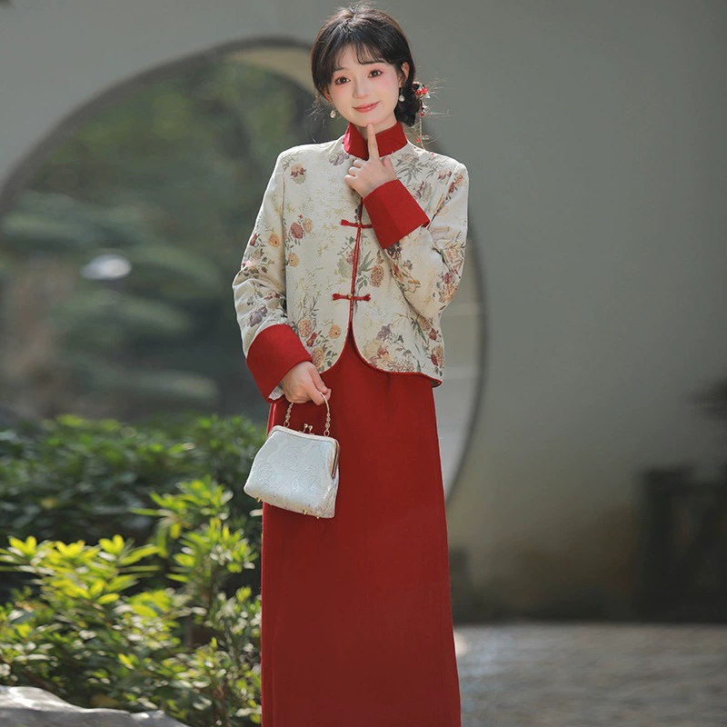 Новый китайский осенний и зимний тяжелый труд вышивка хлопчатобумажная куртка юбка из двух частей