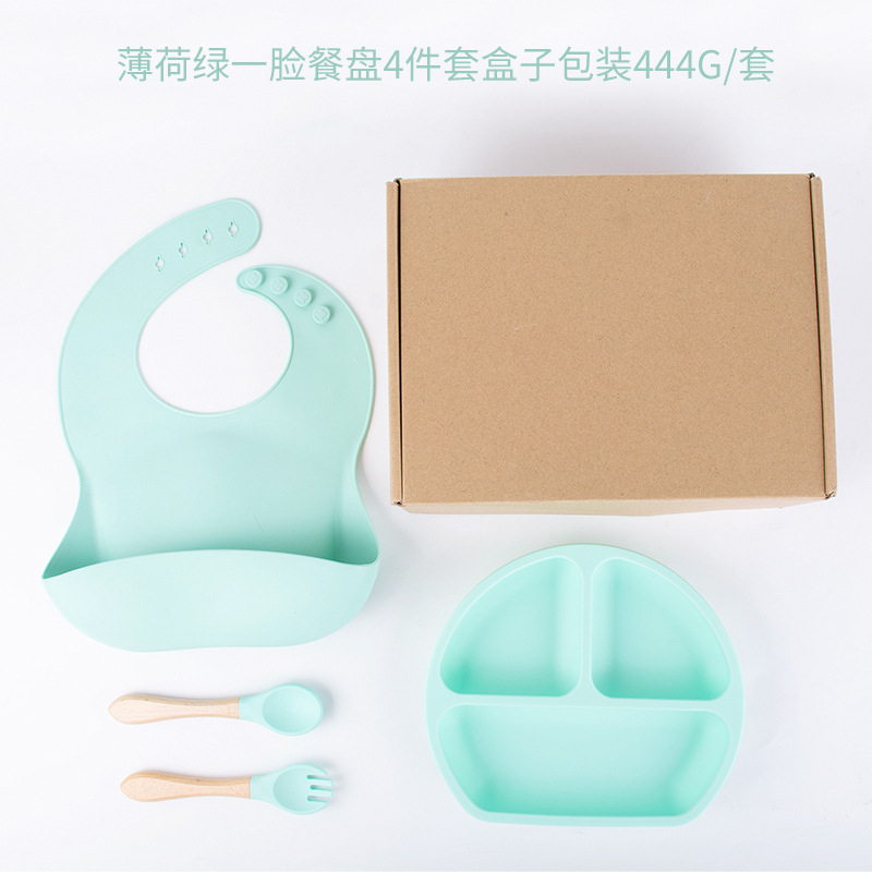 민트그린 4피스 디너 접시 세트(턱받이+디너 접시+나무 손잡이 포크와 스푼) + 비행기 케이스 DM-228-11
