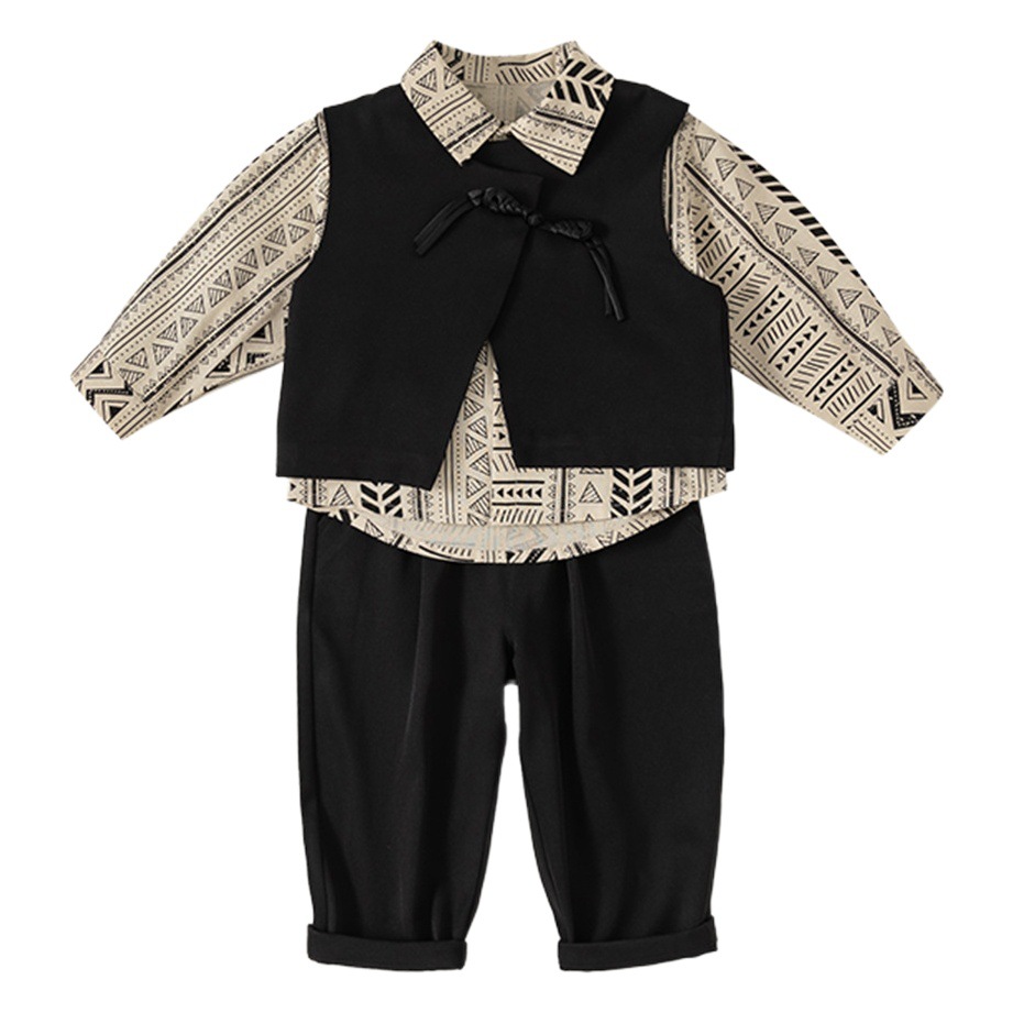 Conjunto de ropa infantil Bangxuan para niños, primavera y otoño, chaleco, camisa floral, pantalones, conjunto de tres piezas, ropa formal para niños pequeños, traje para actuaciones.