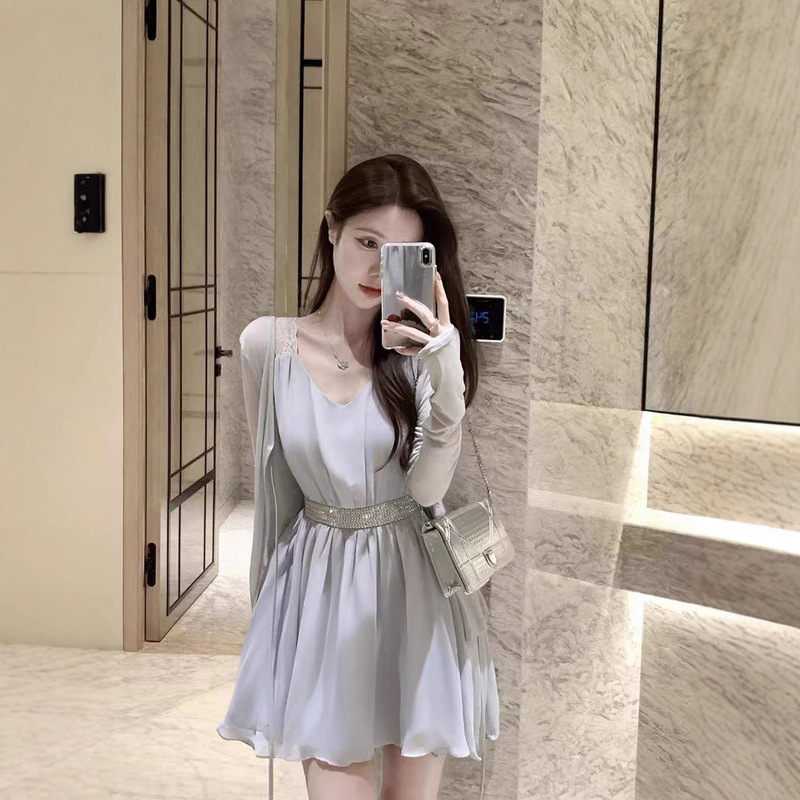 JustQin 6/27 ブルーアイランド新しい夏のウエストショートスカート気質シフォンスカートドレス女性のための|undefined