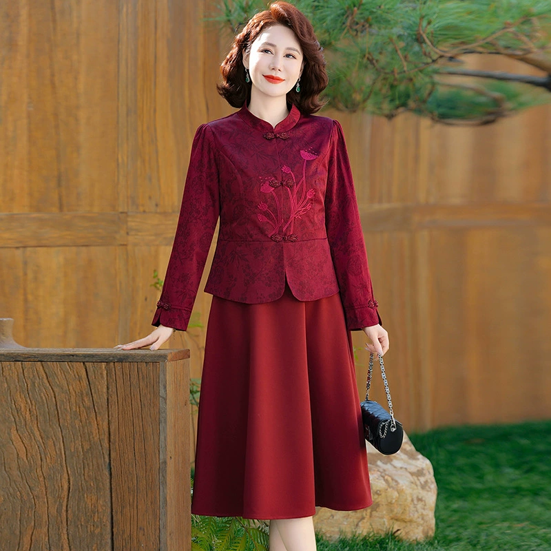 Новый стиль счастливый темперамент большой размер, чтобы покрыть мясо минус возраст мама весна новый элегантный темперамент тонкое платье из двух частей