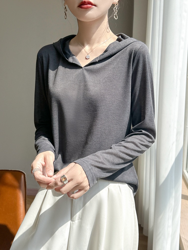 Summer knitted sweater for leisure with hood, shirt, light and thin long-sleeve, hoodie