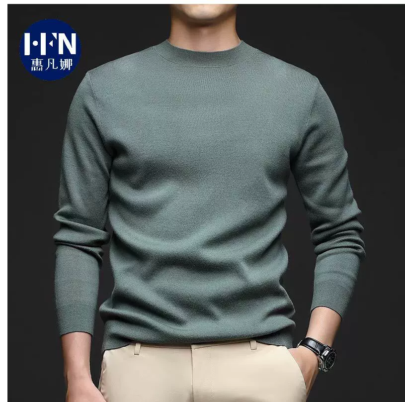 澳洲羊毛100%秋冬新款男装圆领保暖打底上衣针织衫纯色内搭毛衣潮