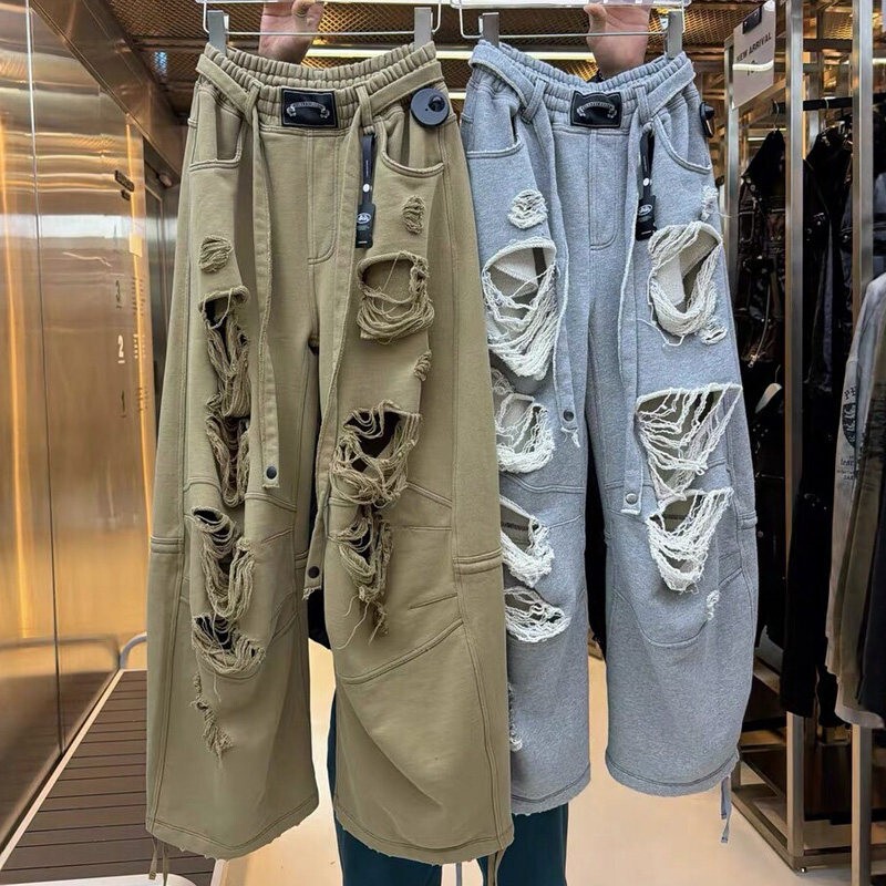 Badblood Bcac Series American-Style Loose Wide-Leg Pants with Ripped Edges and Drawstring, Workwear-Style Casual Pants Badblood Bcac Series American-Style Loose Wide-Leg Pants with Ripped Edges and Drawstring, Workwear-Style Casual Pants