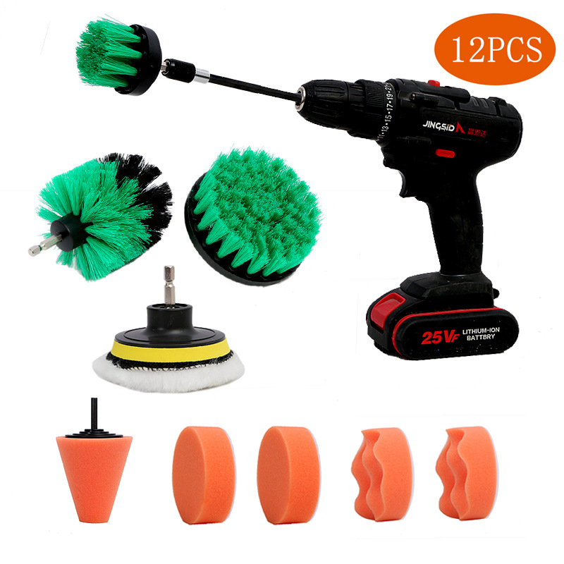 亚马逊跨境产品12件套装手电钻用清洁刷套件汽车抛光海绵垫清洁刷