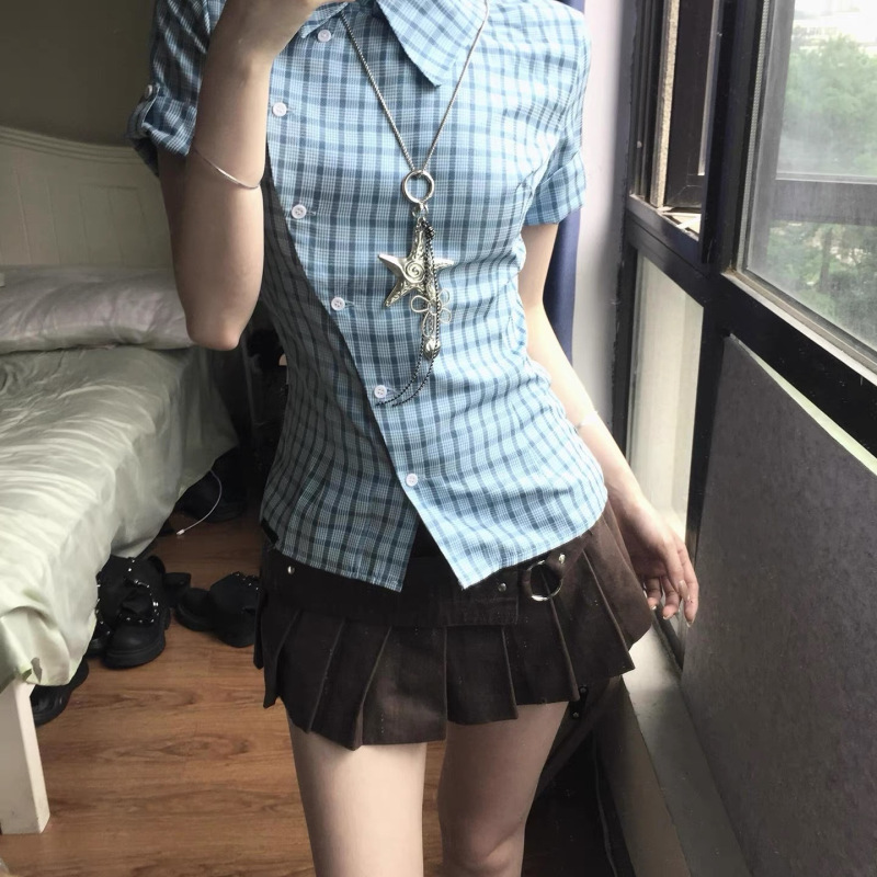 蓝色格子短袖衬衫女夏季2025新款撞色格纹衬衣设计感小众收腰上衣|undefined