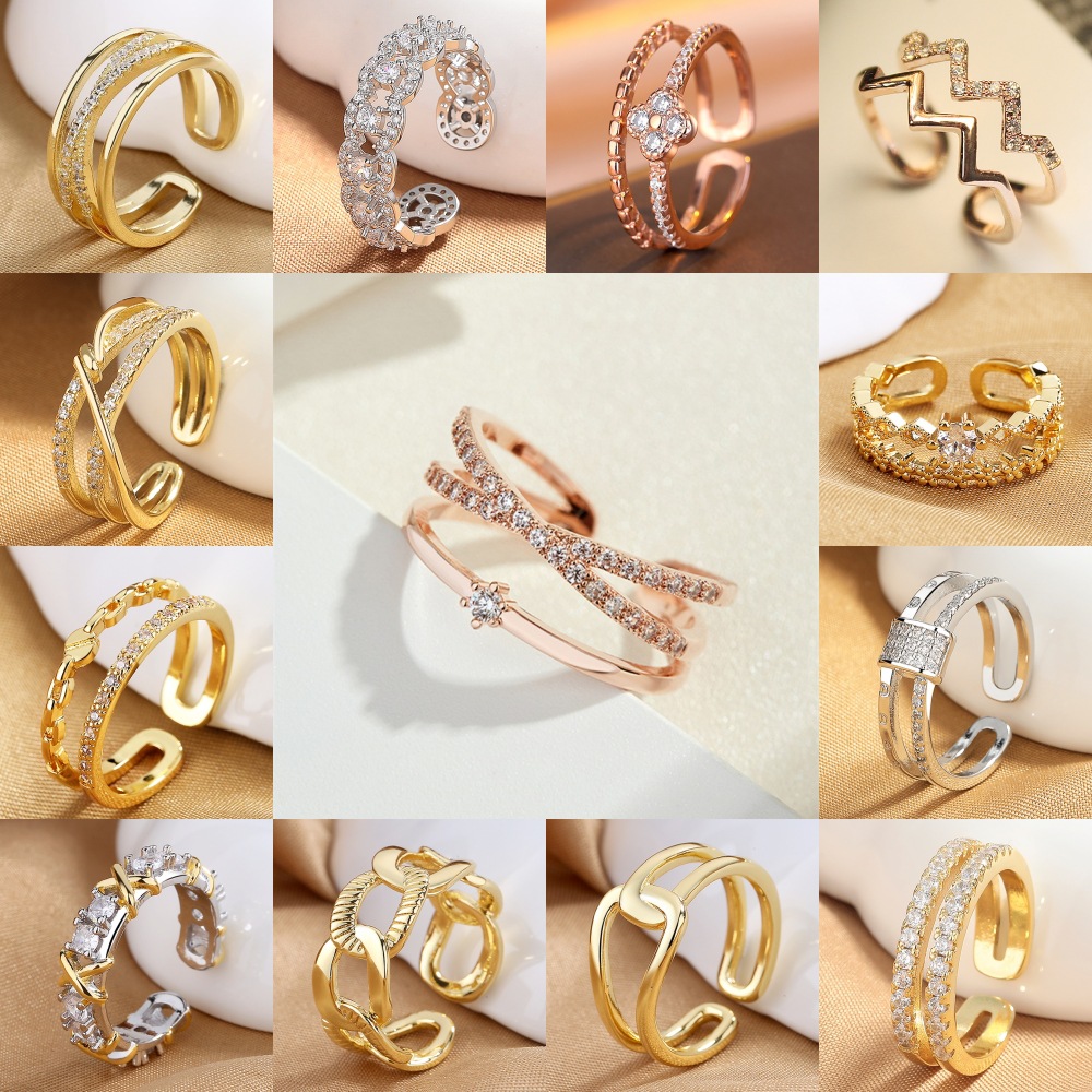 Korean-Style Ins Personality Open Ring, Niche High-End Zircon Versatile Double-Layer Ring Stackable Combination Jewelry