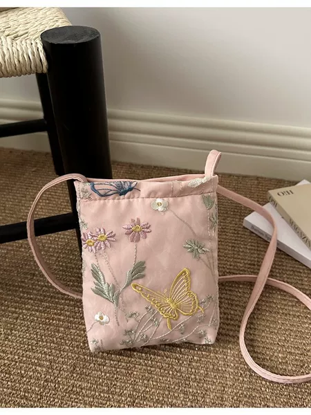 New Chinese-Style Fashion Crossbody Bag with Embroidery, Portable Butterfly Phone Bag, Lightweight for Outings and Travel, Single Shoulder Bag