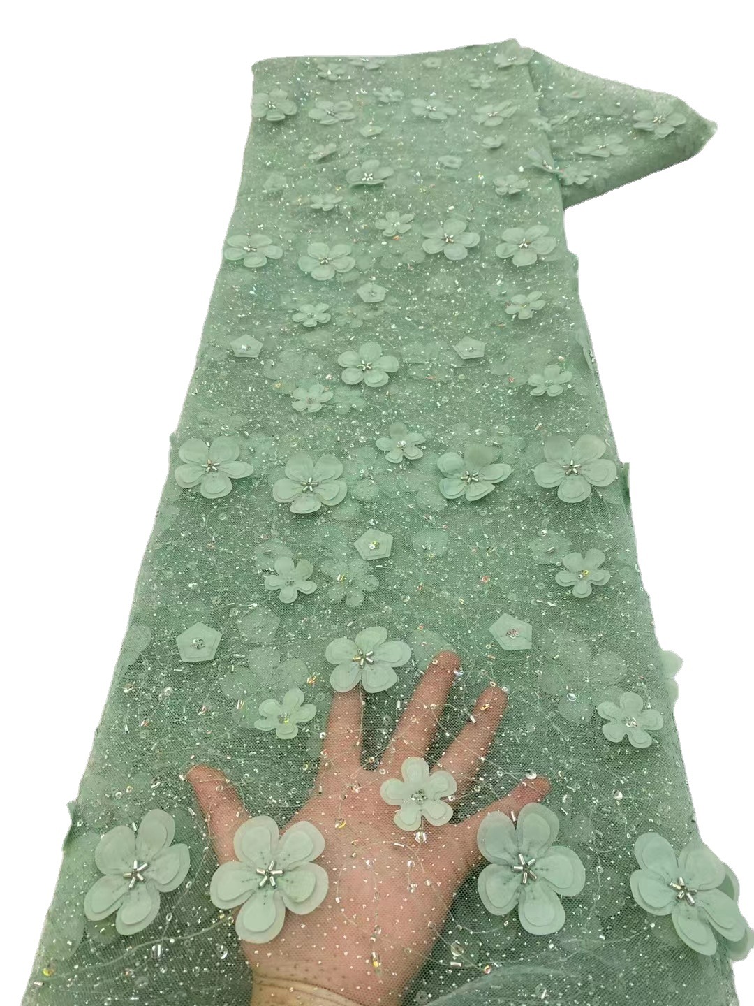 Tela de encaje de flores tridimensional con cuentas ropa infantil fresca vestido de hadas tela de encaje bordado JX3429