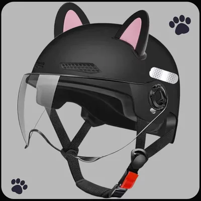 All-Season Universal Motorcycle Half Helmet for, Motosiklet kaskı (dəbilqə) - 3c-matte-black-hd-transparent-short-mirror-black-pink-ear-m102