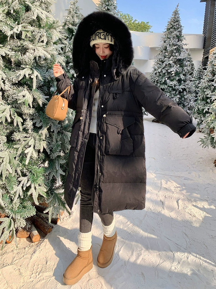 Пуховик, длинный с капюшоном, корейский стиль, plus size