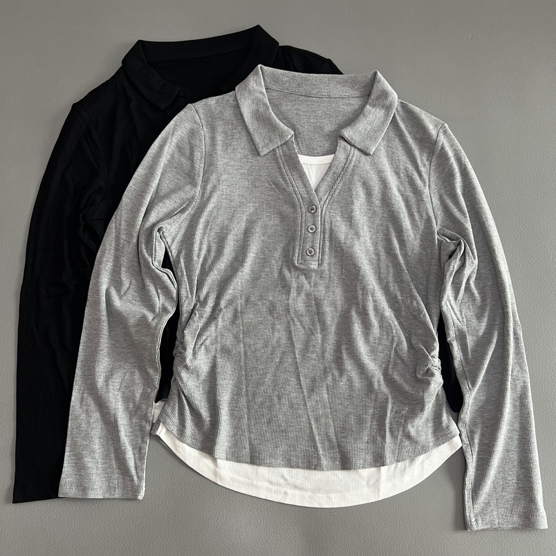 Faux two-piece design, lapel long-sleeved polo shirt, women's loose fit, new autumn style, patchwork design, slimming, versatile and youthful top.