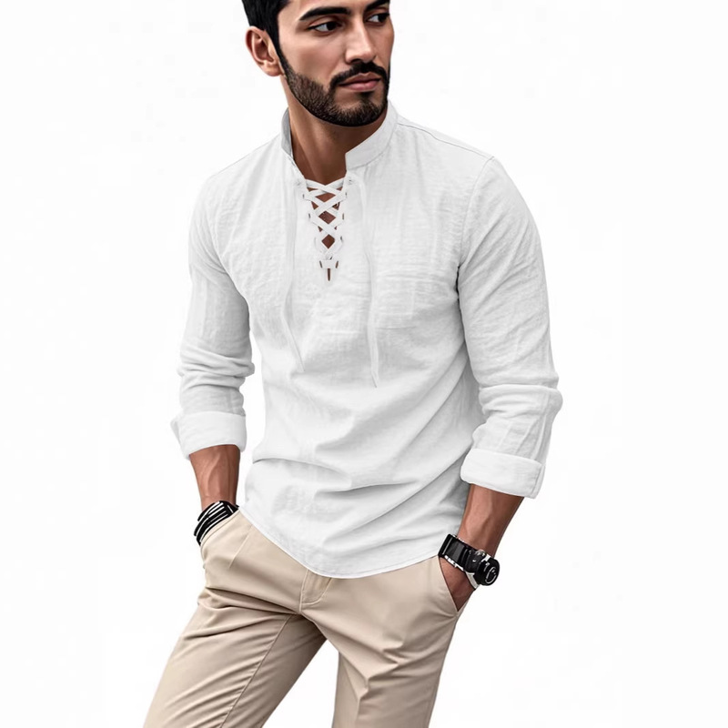 Men's Long-Sleeve New European and American Style Cotton-Linen Henley Shirt, Hippie Casual Beach Stand-Collar Shirt, Solid Color, European Size, Cross-Border