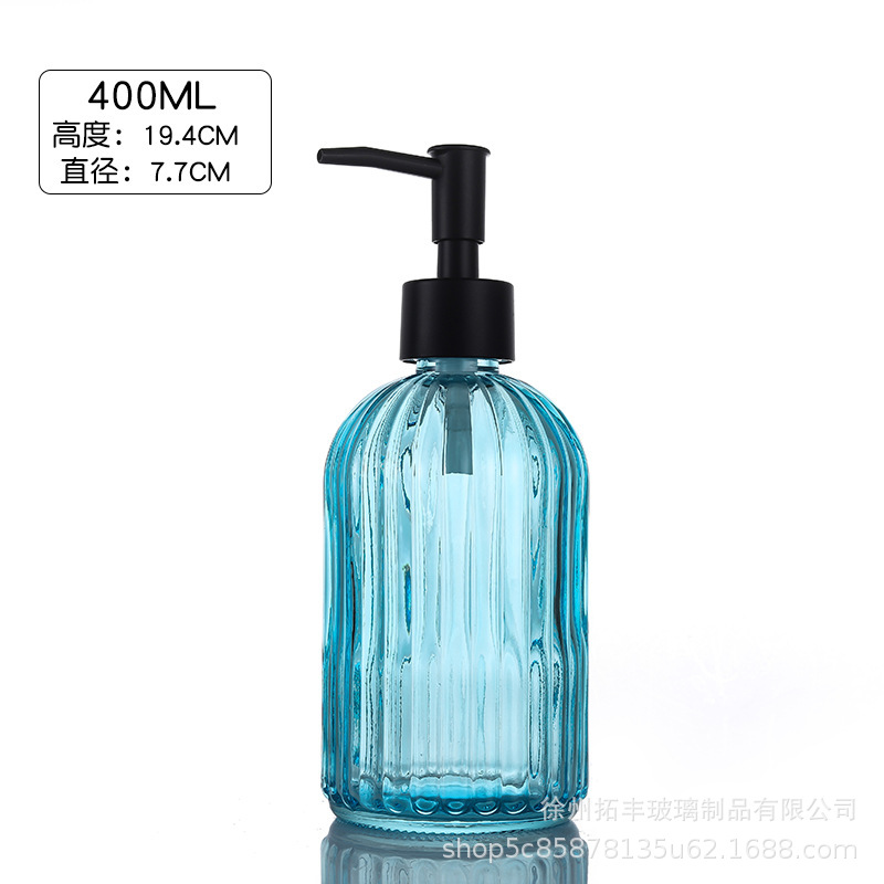 400ml; botella azul claro + cabeza de bomba negra; vidrio