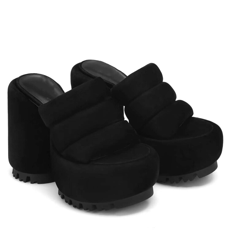 2026 European and American Foreign Trade Summer New Style Round-Toe Thick-Soled Chunky Heel High Platform Slippers Fluffy Sandals Large Size Women's