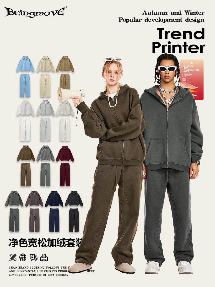 2025 otoño estilo americano de moda alta calle de terciopelo grueso con chaqueta encapuchada casual suelta cardigans pantalones deportivos set hombre