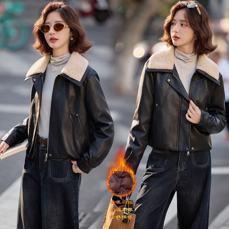 Trendy Lamb Fur Collar Leather down Jacket for Women, Short Style, 2025 Winter New Loose White Duck down Leather Coat