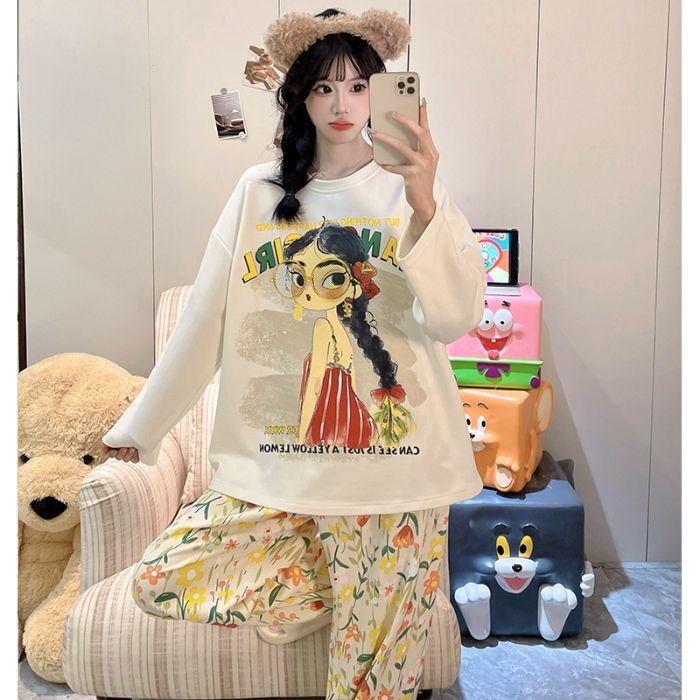Al por mayor transfronterizo otoño nuevo pegamento de algodón de manga larga de cuello redondo pijama de mujer dibujos animados dulce ropa de estilo doméstico se puede usar