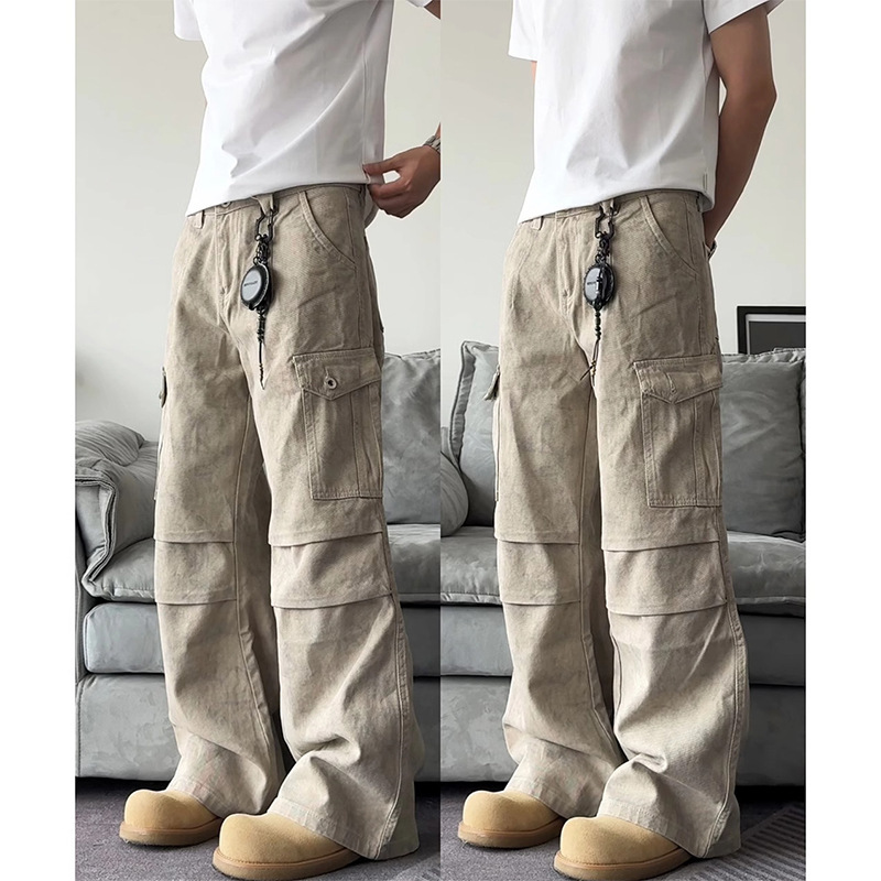 [Marble Paratrooper] Cleanfit Straight Loose Pleated Washed Distressed Retro American Casual Pants Workwear