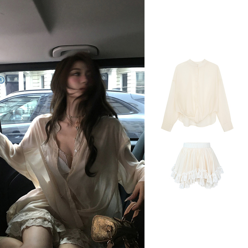 Summer and Autumn New Fashion Versatile Trendy Tops Elegant Irregular Shirt Lace Half Skirt Beautiful Back Temperament Suit