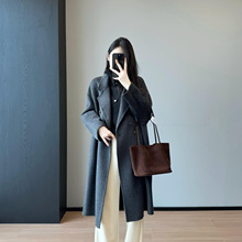 北欧灰！柜货手工系西装领双排扣长款双面呢羊毛大衣女冬新25