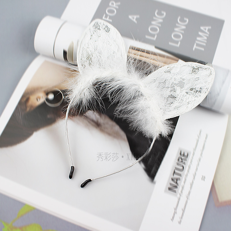 Bunny Ear Headband with Lace Eye Mask, Black Plush Costume Accessory Set — detail image 6
