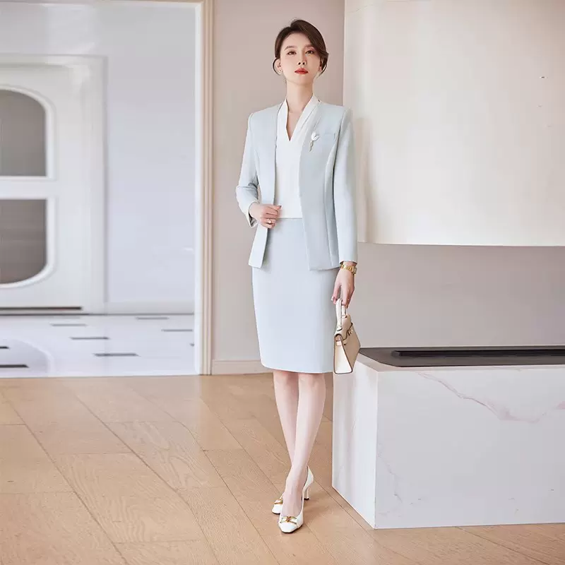 J-ME秋季职业套装裙2024新款蓝色长袖西装女气质女神范套裙工作服